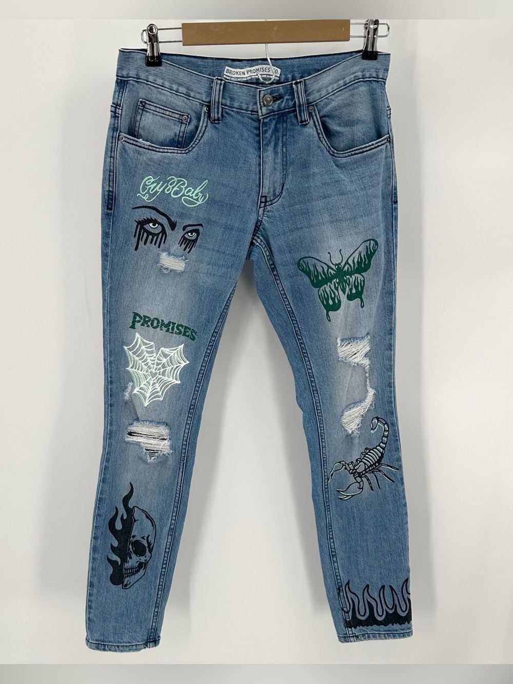 Broken Promises Jeans Mens 28 Blue Medium Wash Denim Slim Distressed Punk Unisex